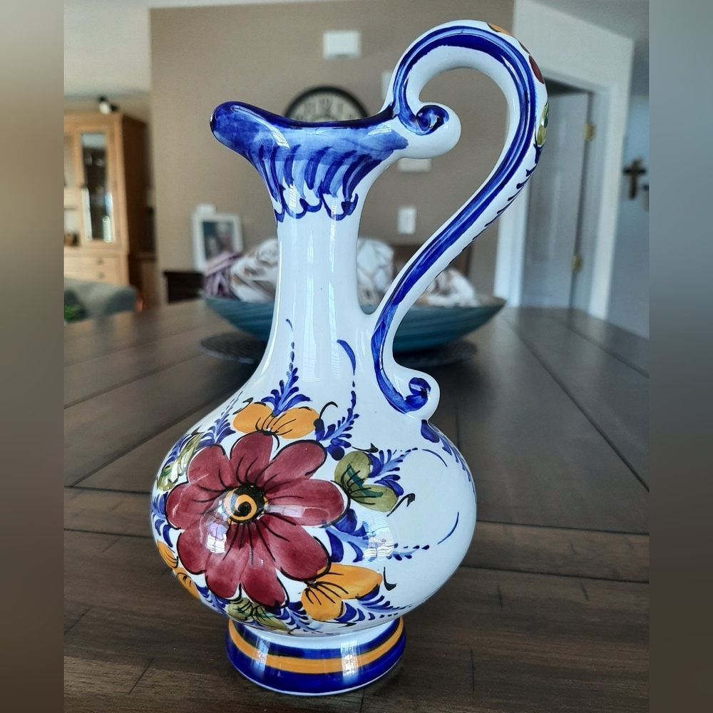 Adorable Blue Floral French Pottery Pitcher/Vase